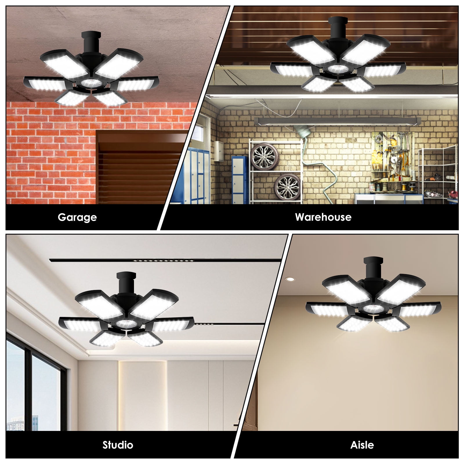 2Pcs ABS LED Garage Light Adjustable Brightness LED Garage Ceiling Light Foldable Ceiling Shop Lighting Lamp for Workshop