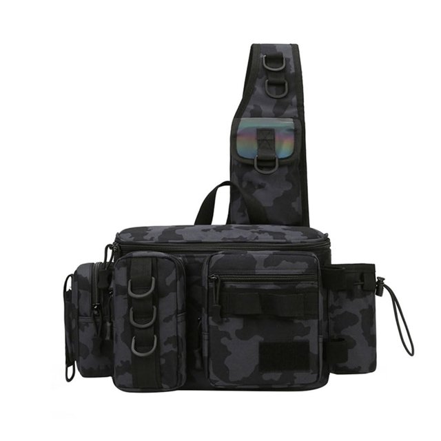 yeacher Sac à Bandoulière de Pêche Polyvalent et Ajustable avec Nylon 600D Résistant à l'Eau, Multiples Poches et Conception Ergonomique pour les Amateurs de Plein Air - Camouflage Noir