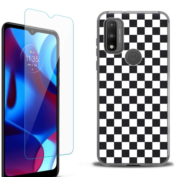 Slim-Fit Protective Phone Case (Black) compatible with Motorola Moto G Pure 5G, with Tempered Glass Screen Protector, by OneToughShield ® - Checker B/W