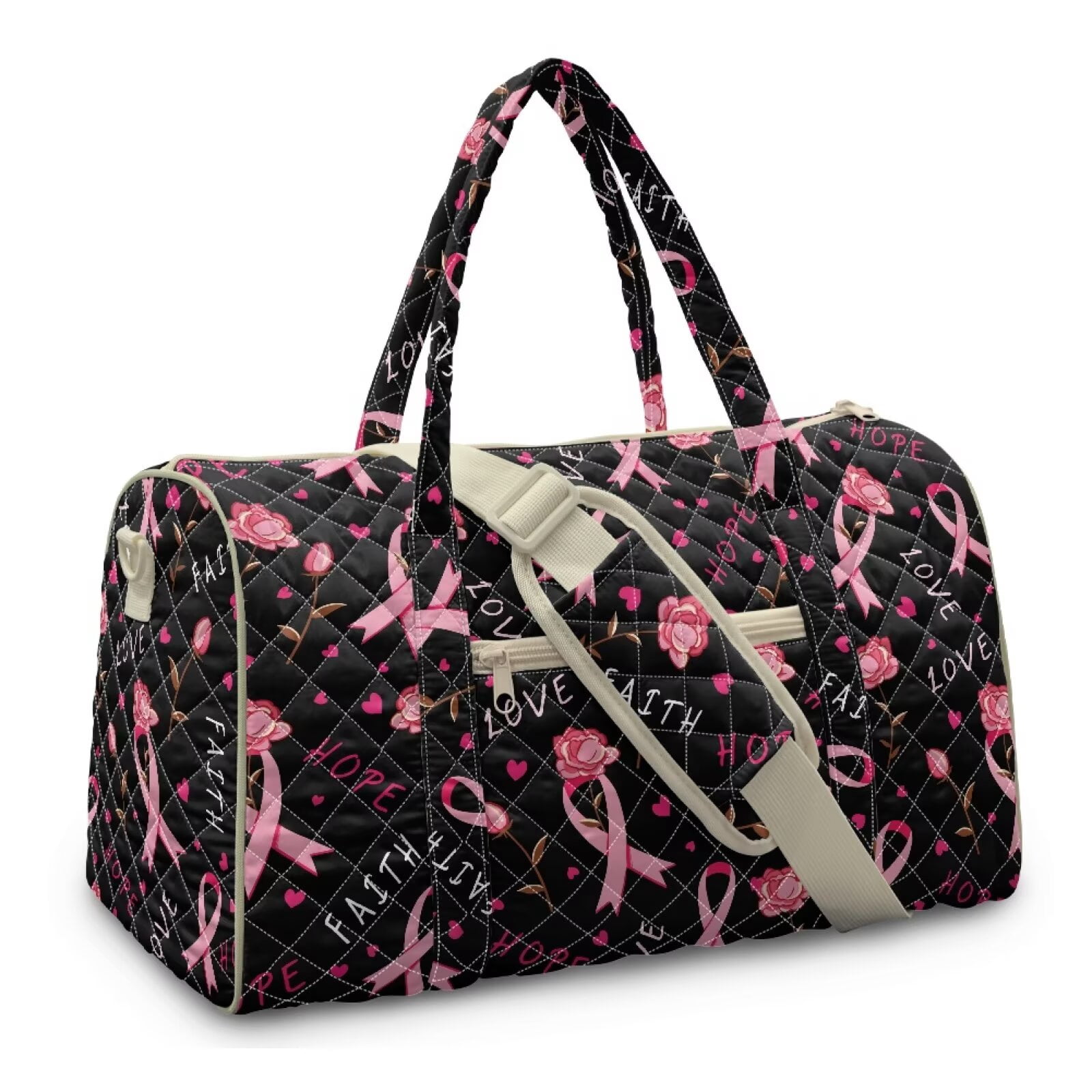 Garronmavis Breast Cancer Awareness Large Quilted Duffle Bag for Women, Pink Ribbon Floral Weekender Travel Bag Carry On Overnight Gym Dance Tote with Luggage Sleeve