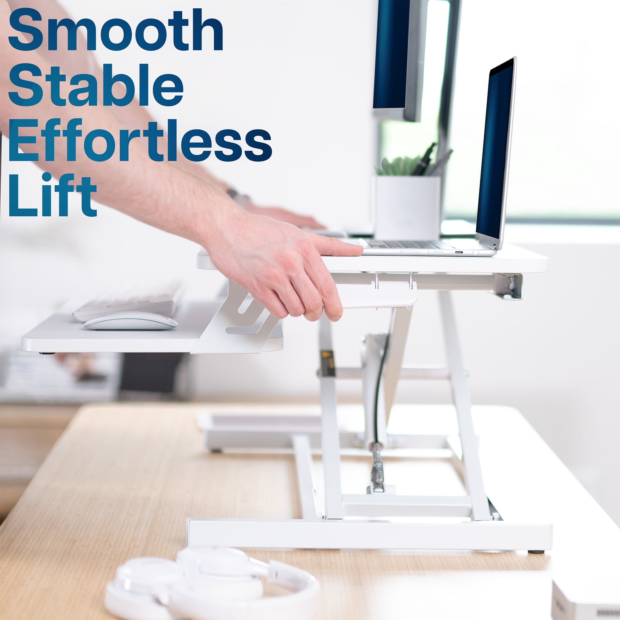 VIVO White Height Adjustable 32" Standing Desk Monitor Riser, Sit Stand Tabletop