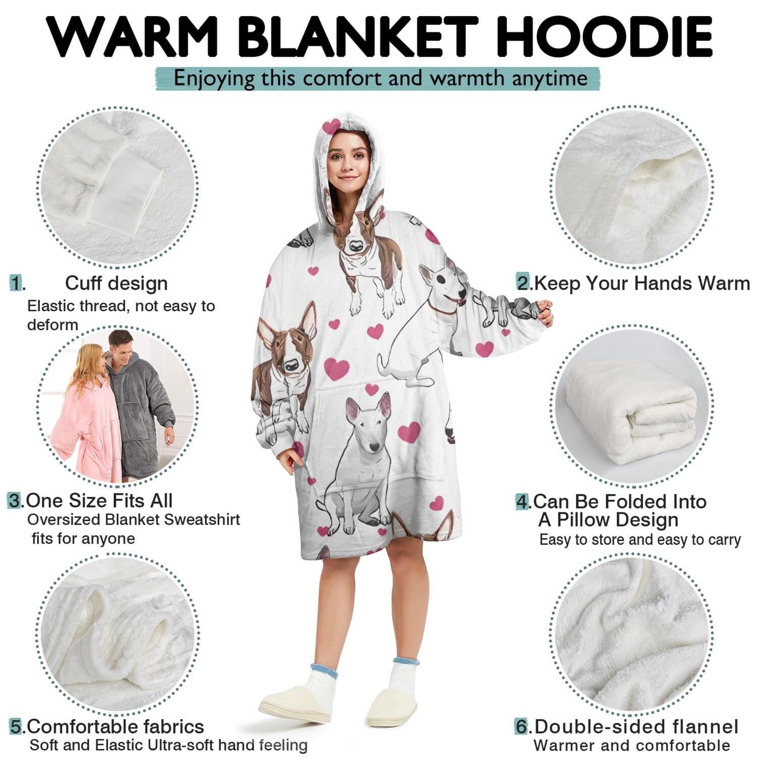 Wearable Oversized Blanket,Bull Terriers and Hearts Wearable Blanket Hoodie for Adults,Cozy Hooded Blankets with Super Pockets,Super Warm Fuzzy Pullover for Women & Men