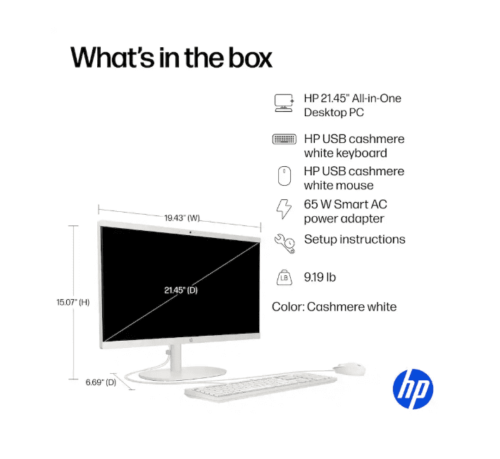 HP 21.5" FHD All-in-One Laptop Desktop Computer, Intel Quad-Core Processor, 16GB RAM 640GB Storage (128GB SSD+512GB External), Windows 11, Wired Keyboard & Mouse, PLUSERA Earphones, Cashmere White