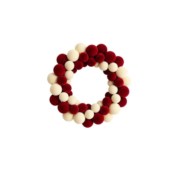 HOARBOEG Plush Christmas Wreath for Front Door, Red and White Pom Pom Ball Wreath, Flocked Holiday Door Wreath for Home Window Fireplace Wall Decor, 13.78in
