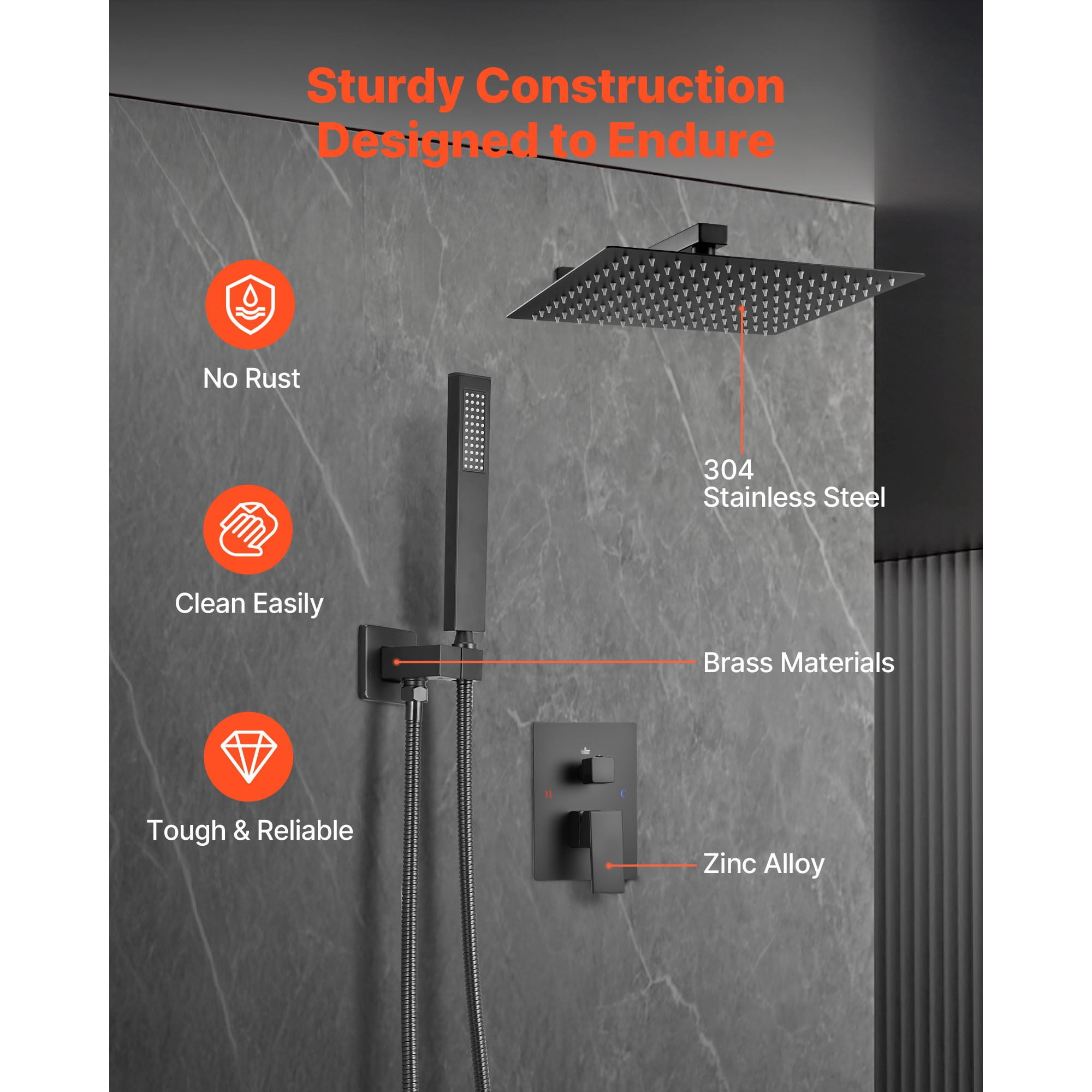 KFFKFF Wall-Mounted Shower System with 12-Inch Square Rain Shower Head and Handheld Spray, Bathroom Fixtures with Brass Valve and Trim Kit, Matte Black