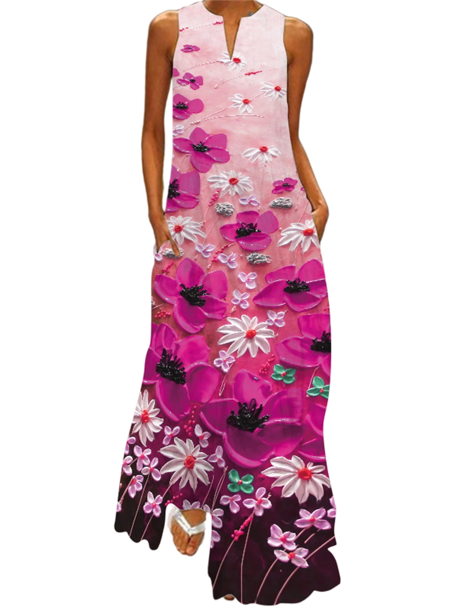 Sleeveless V-Neck Butterfly Print Maxi Sun Dress