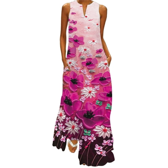 Bellella Robe Longue Maxi pour Femmes, Robe Débardeur à Col en V, Imprimé Floral, Robe d'Été de Plage, Ample, Sans Manches, Style de Fête, E S