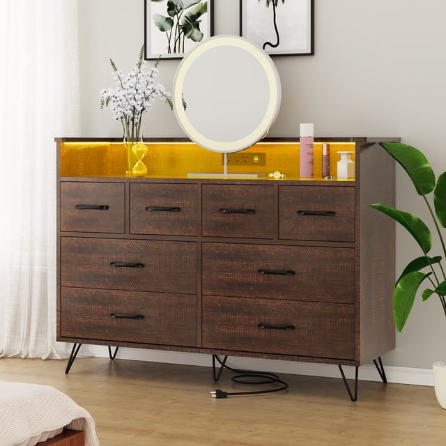 Commode à 8 Tiroirs avec Éclairage DEL et Station de Recharge, Coffre Moderne en Bois Noir avec Rangement Ouvert et Lumières RVB, Armoire d'Entrée Grand pour Chambre et Salon, Antique/rose/blanc/noir