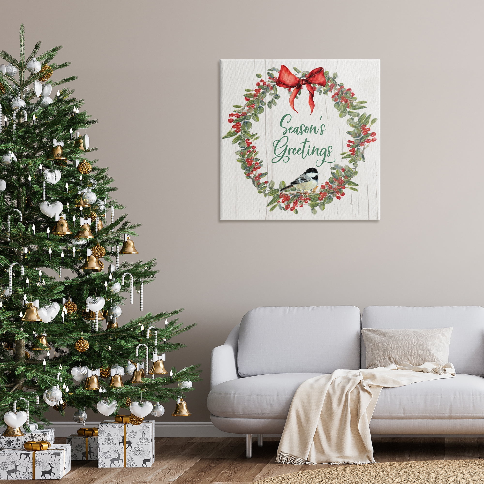 Stupell Industries Season's Greetings Wreath Holiday Painting Gallery Wrapped Canvas Art Prints Wall Art, 36 x 36
