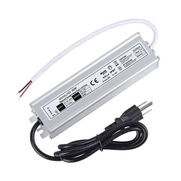 Youngine 60W Low Voltage Output Waterproof IP67 LED Power Supply Driver Transformer, 100V-265V AC to 12V DC Output with Plug for LED Light Outdoor Use, 3.3 Feet Cable