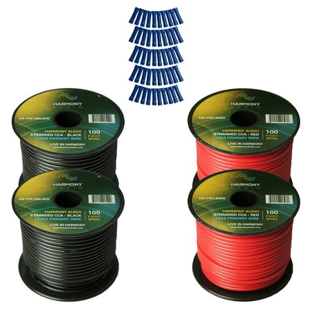 Harmony Audio Primary Single Conductor 14 Gauge Power or Ground Wire - 4 Rolls - 400 Feet - Red & Black for Car Audio / Trailer / Model Train /