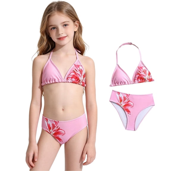 XINXIAOO Girls Halter Triangle Bikini Two Piece Swimsuit Pink Floral Print Quick Dry Bathing Suit Summer Swimwear for Kids Girls 8-9 Years