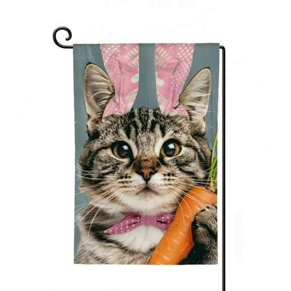 PHYHOO Easter Eggs Cat Garden Flag Double Sided Small Burlap Outside Easter Holiday Yard Flag White