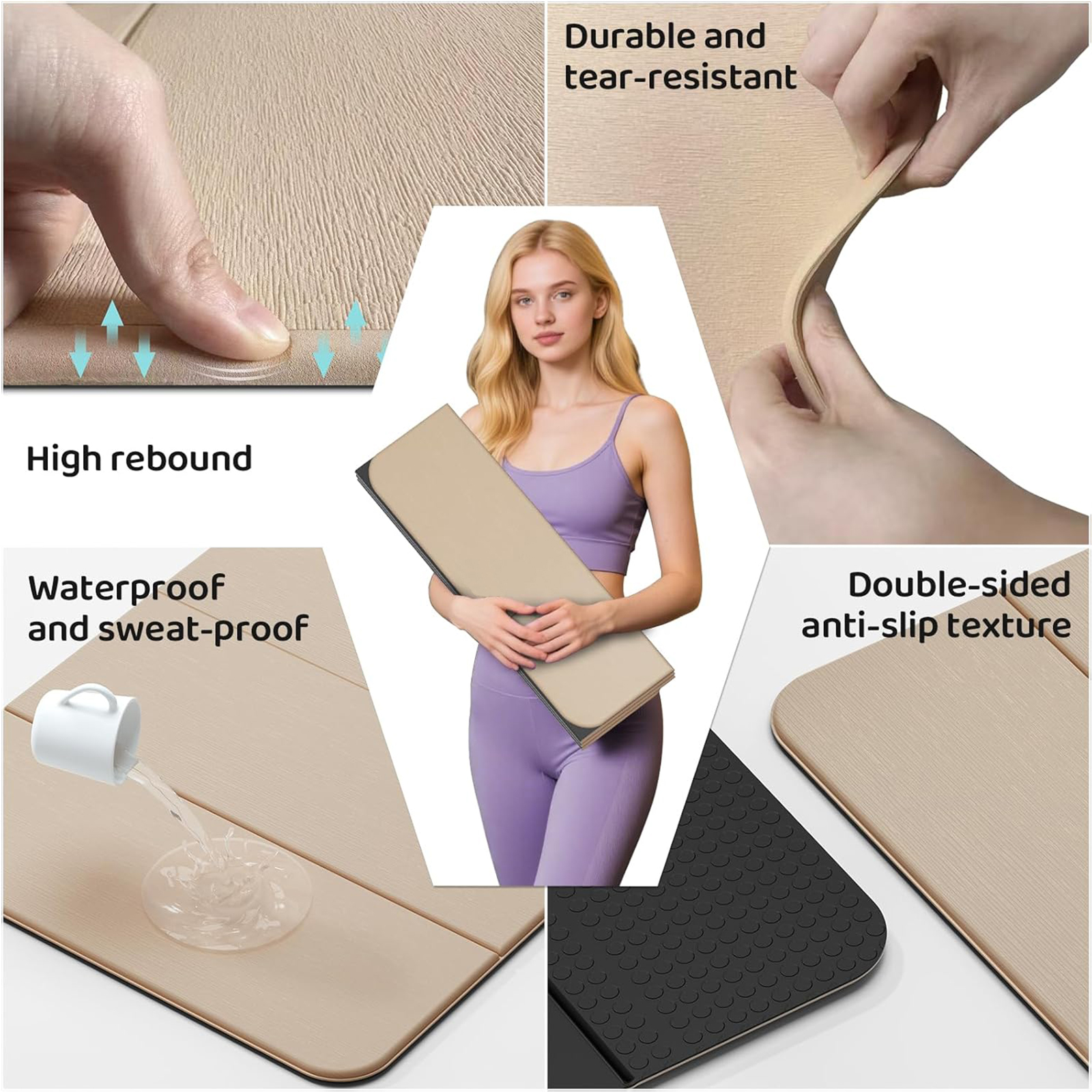 LAMEI 8mm Thick Foldable Yoga Mat - 3-in-1 Folding TPE Non-Slip Mat for All-Level Yoga, Tear-Resistant & Quick-Flat Design, 71x24in (Beige+Black)