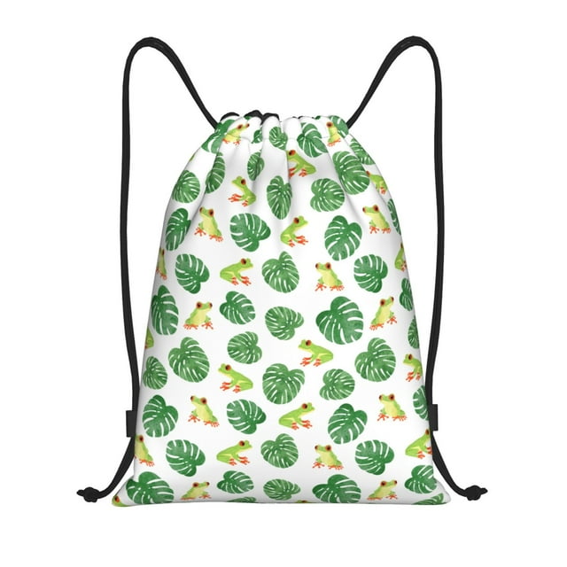 Saiise Frogs And Tropical Leaves Pattern Sports Drawstring Backpack - String Swim Gym Bag with Wet Proof Pocket for Women&Men-Small