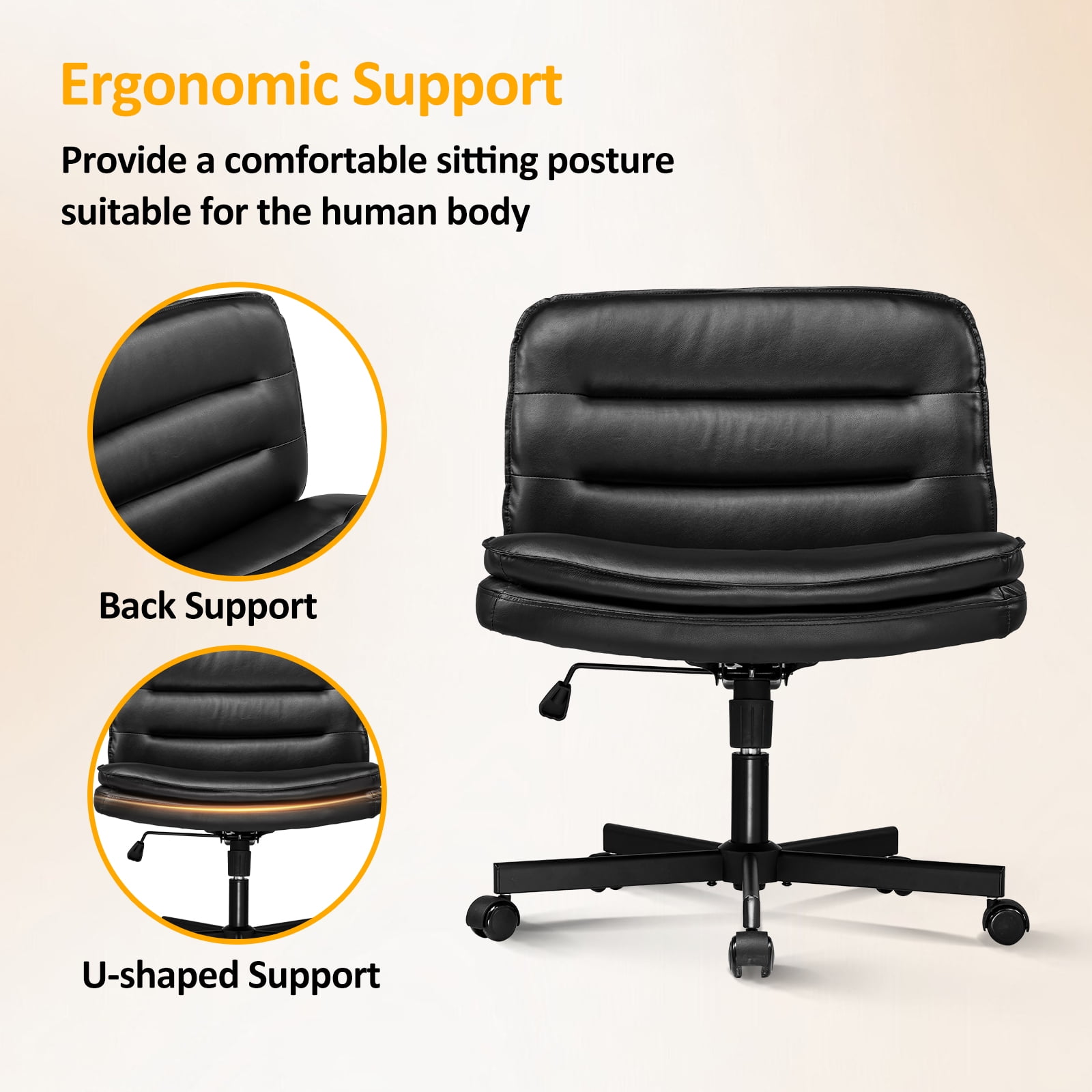 CloudRest Pro Armless Office Desk Chair, Criss Cross Swivel Chair with Wheels, Wide Seat Adult Vanity Chair for Home Office , Black