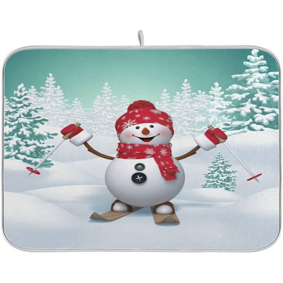 Coolnut Cute Christmas Snowman Skiing Dish Drying Mat for Kitchen, 16 x 18 Inch Microfiber Absorbent Dish Drying Pad, Machine Washable Kitchen Counter Protect Mats