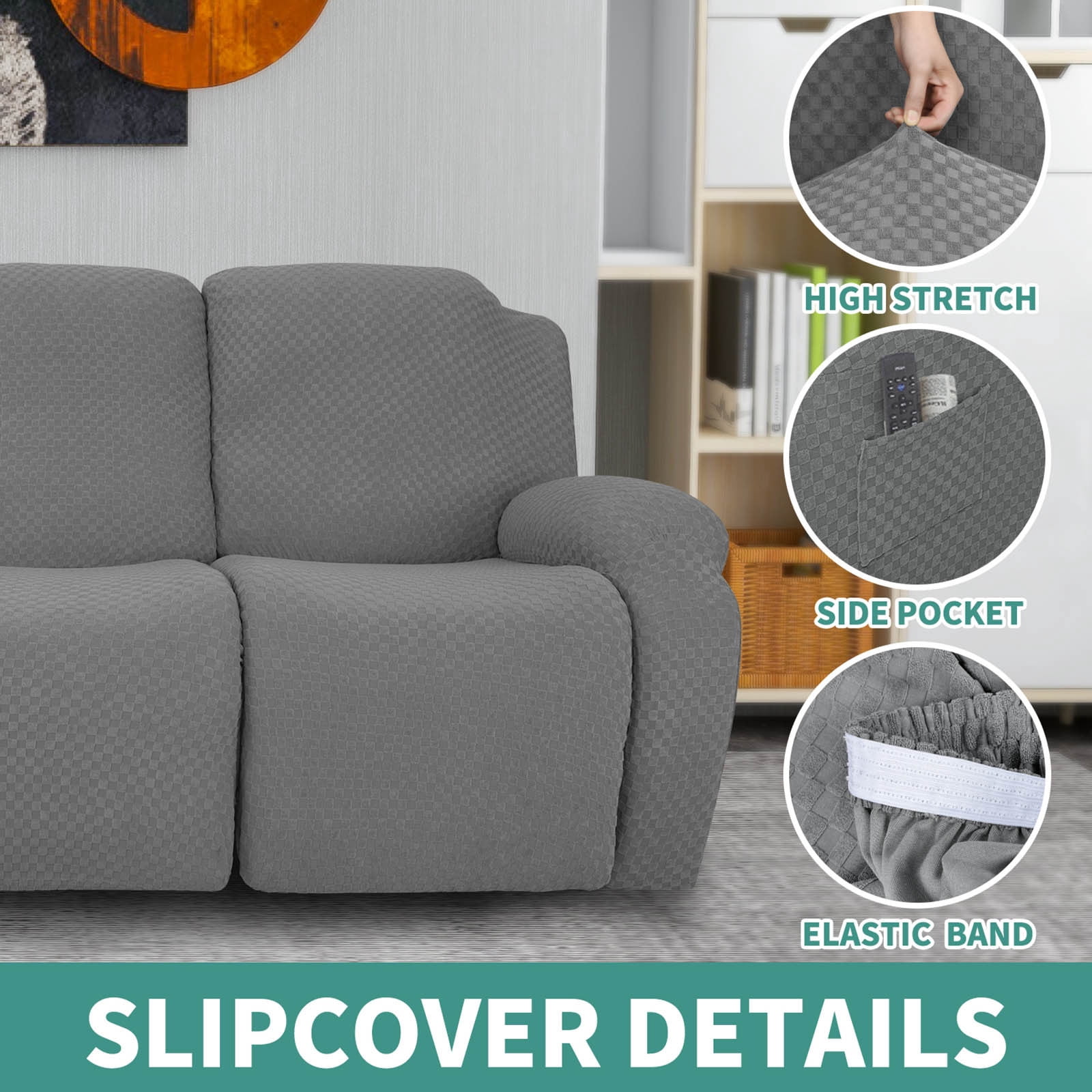 Stretch Sofa Covers, Elastic Polyester Furniture Protector Slipcover for Living Room, Anti-Slip with Elastic Bottom And Side Pocket, Protects from Stains And Scratches, Ideal for , 1 Gray Sofa Cover