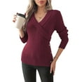 thumbnail image 2 of Women V Neck Long Sleeve Sweaters Criss -Wrap Ruched Pullover Fall Tops Wine Red XL, 2 of 8