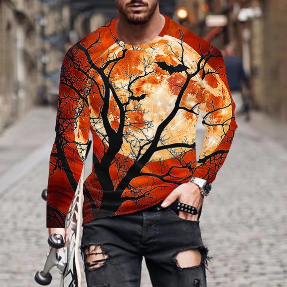 Nmnitkp Mens Long Sleeve Tee Shirts High-Quality Fabric Casual Round Neck Long Sleeve Pullover Halloween Printed T-Shirt Blouse Tops Orange,2XL