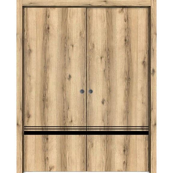 Sliding French Double Pocket Doors 36 x 80 inches | Planum 0012 Oak with Frosted Glass | Kit Trims Rail Hardware | Solid Wood Interior Bedroom Sturdy Doors