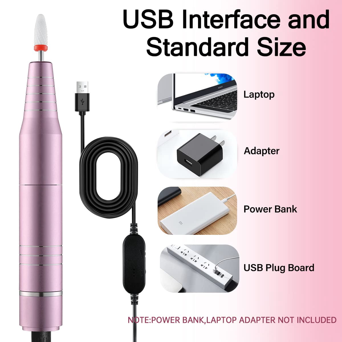 AsterOutdoor 30,000RPM USB Nail Drill Machine Acrylic Gel Polish, Electric Manicure Machine, Pink