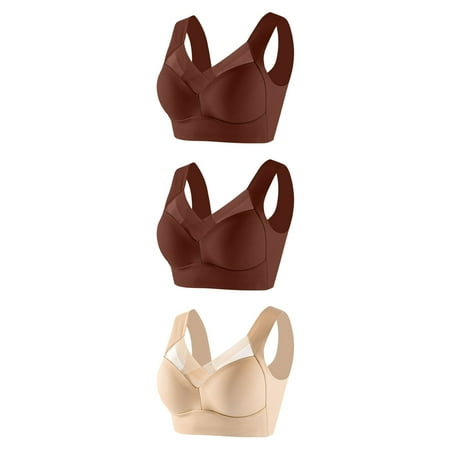 GERsome Wireless Bras for Women Pack of 3 Assorted Color Seamless Full Coverage Comfortable Soft V Neck No Underwire Support Push Up Everyday Bra 3pcs-2Brown/Beige XXXXXL