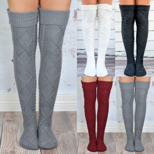 Cable Knit Tights School Girl Sweater Thigh High Over Knee Socks White Black