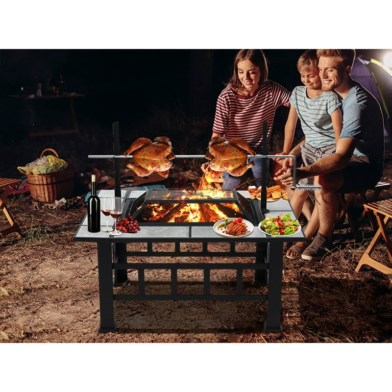 Fire Pits for Outside 37 inch Wood Burning Fire Pit Table with BBQ Grill Cooking Grate Lid Outdoor Fireplace Metal Square Tile Top Firepit Patio