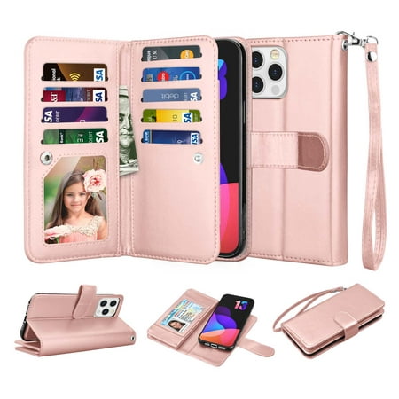 iPhone 13 Case, Wallet Case for iPhone 13, iPhone 13 PU Leather Case, Njjex Luxury PU Leather [9 Card Slots Holder ] Carrying Folio Flip Cover [Detachable Magnetic Hard Case] -Rose Gold