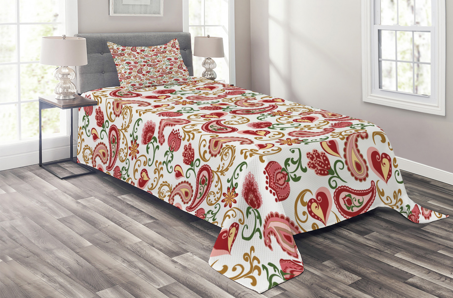 Ambesonne Paisley Flat Sheet Soft Comfortable Top Sheet Decorative Bedding 1 Piece Red and Pale Pink Style Rose and Swirled Floret Buds Bohemian Lady Feminine Art Print Twin Size
