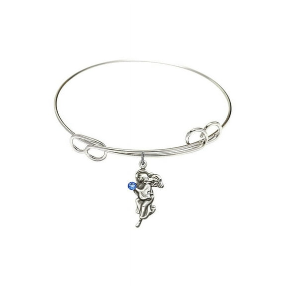 7 1/2 inch Round Double Loop Bangle Bracelet w/ Guardian Angel medal charm w/ September Blue Swarovski Crystal