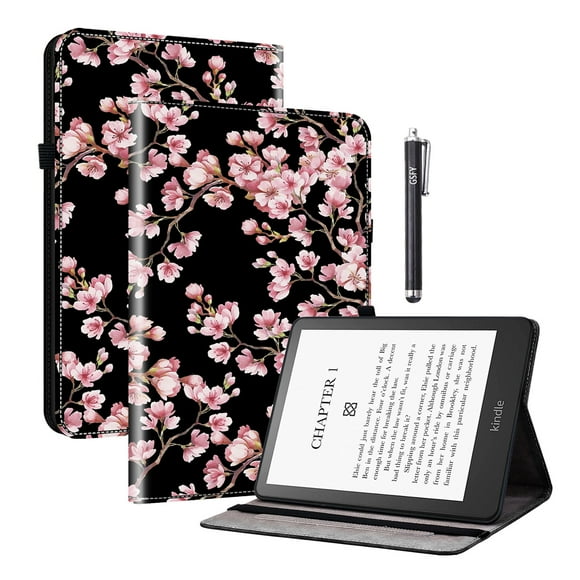 GSFY Case for 7" All-New Kindle Paperwhite (12th Generation, 2024) and Kindle Colorsoft Signature Edition - Slim Lightweight Shell PU Leather Wallet Protective Flip Cover, Pink Flower