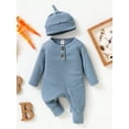 thumbnail image 3 of Miaouyo Baby Boys 0 3 6 12 18 Months Waffle Rompers Solid Color Buttons Crew Neck Long Sleeve Infant Jumpsuits Fall Toddler Clothes Bodysuits with Hat, 3 of 10