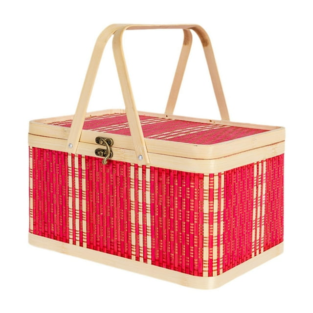 Almencla Picnic Basket Convenient Easy to Use Practical Woven for Outdoor Snack Bread Red White