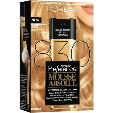 L'Oreal Paris Superior Preference Mousse Absolue Hair Color, 830 Medium Golden Blonde, 3.2 oz