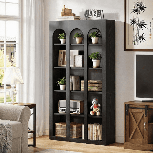 Rustic Farmhouse Arched Bookshelf, Thick MDF, Anti-Tip Kit, Freestanding for Office, Living Room, Bedroom
