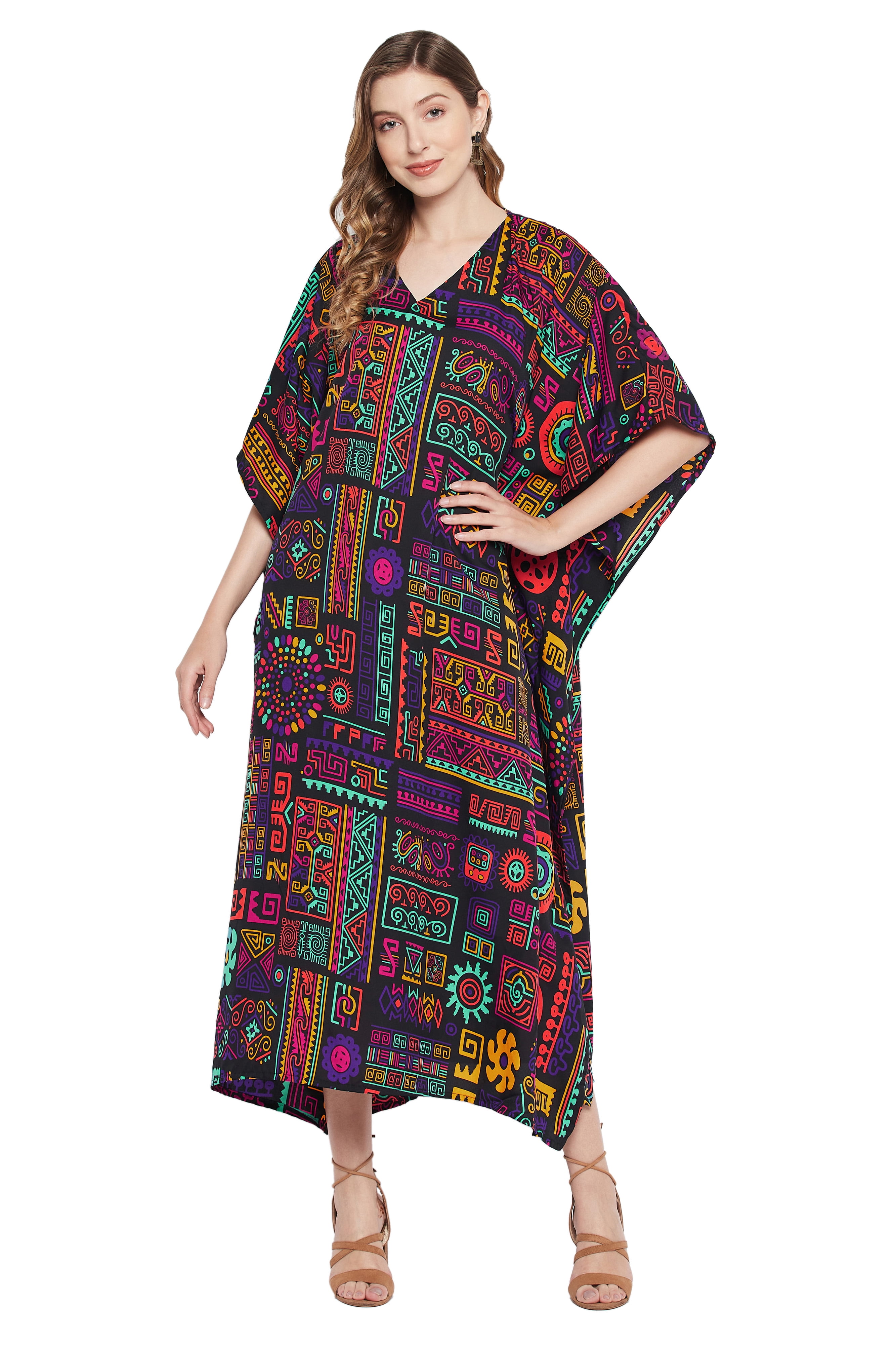 Plus Size Women Floral Printed Loose Maxi Polyester Caftan