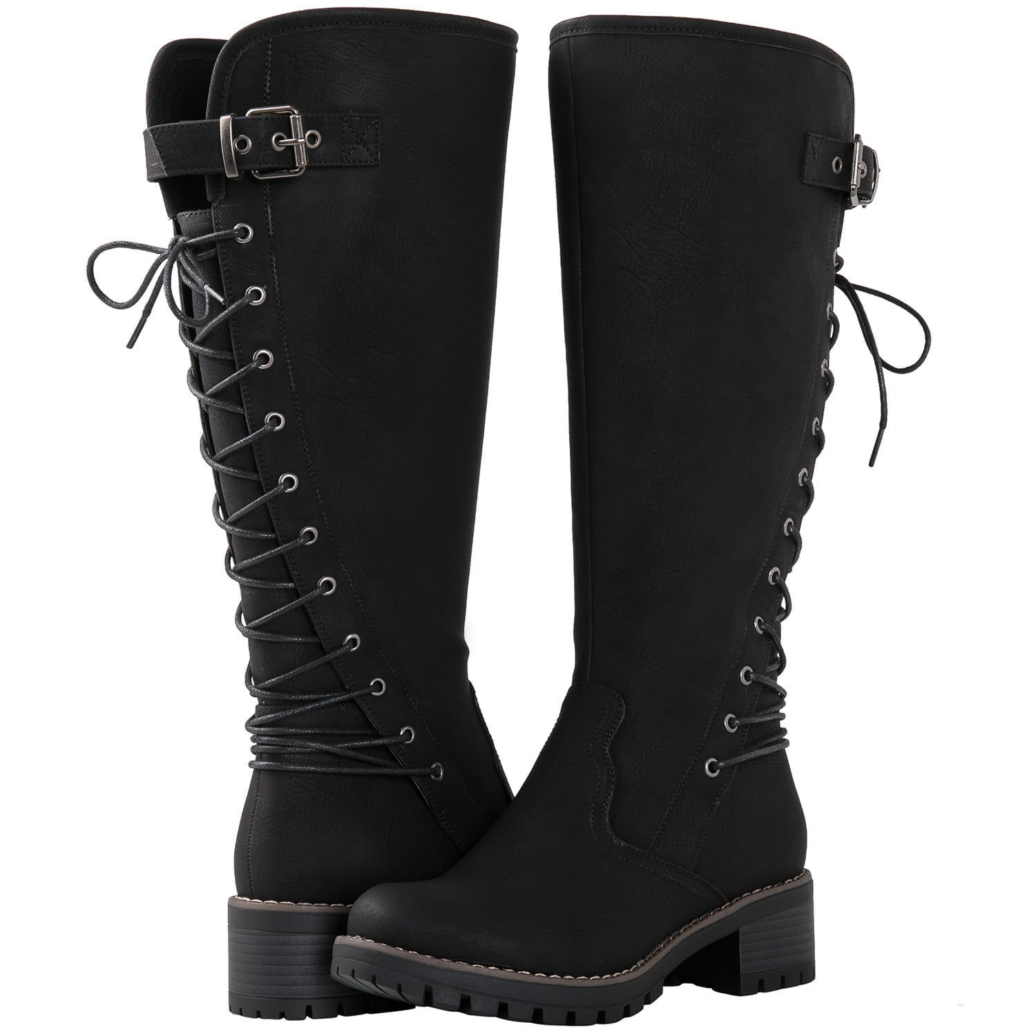 GLOBALWIN Women's Chunky Heel Black Lace Up Back Knee High Fashion