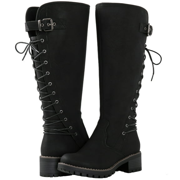 GLOBALWIN Women's Chunky Heel Black Lace Up Back Knee High Fashion Boots 8M