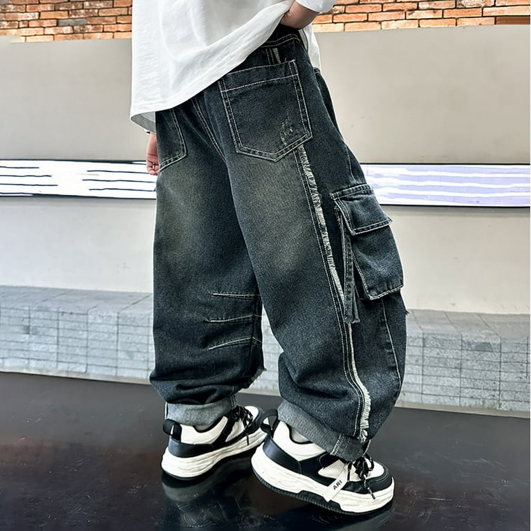FYDUU Boys Baggy Jeans Straight Wide Leg Cargo Jeans Kids