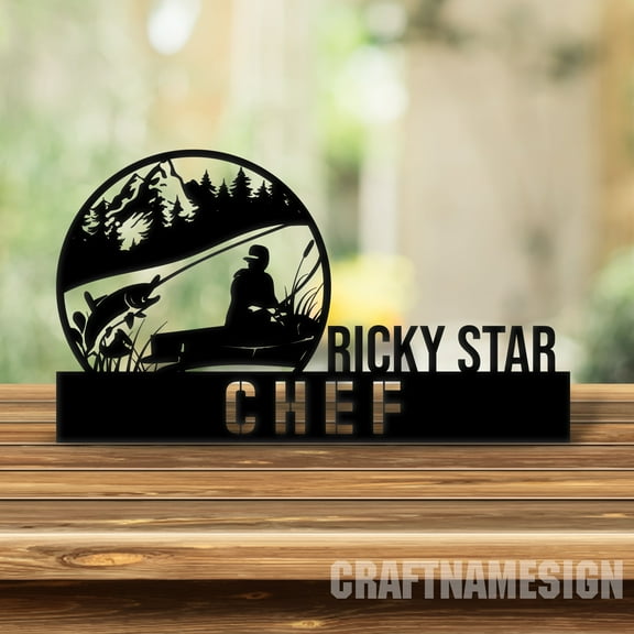 Craftnamesign Custom Wooden Fishing Desk Name Plate, Fisherman Metal Nameplate