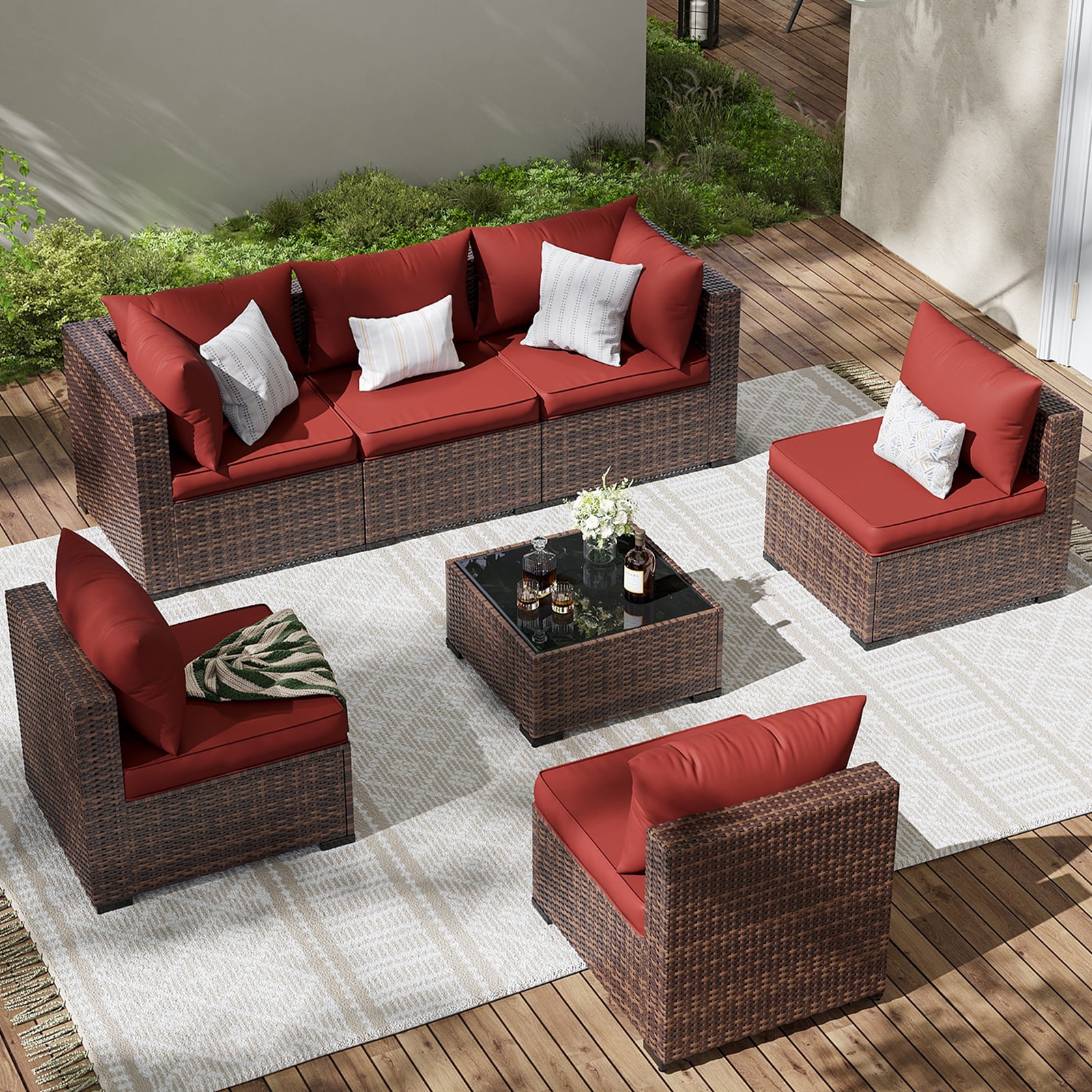 ELPOSUN 7 Pieces Patio Furniture Set All Weather Outdoor Sectional Sofa, Outdoor Modern Sectional Furniture Wicker Couch with Glass Coffee Table, Thicken Red Cushions, Water Resistant