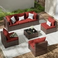 thumbnail image 6 of ELPOSUN 7 Pieces Patio Furniture Set All Weather Outdoor Sectional Sofa, Outdoor Modern Sectional Furniture Wicker Couch with Glass Coffee Table, Thicken Red Cushions, Water Resistant, 6 of 10