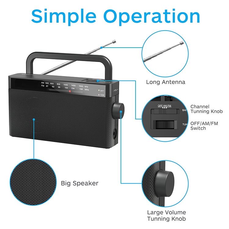 MUSICOZY Portable Geriatric Senior Radio,AM/FM Rechargeable Small Player,Mini Radio with Big Speaker and 3.5mm Earphone Jack for AA Batteries or AC Power,ideal for Senior, Home, Camping Radio(Black)
