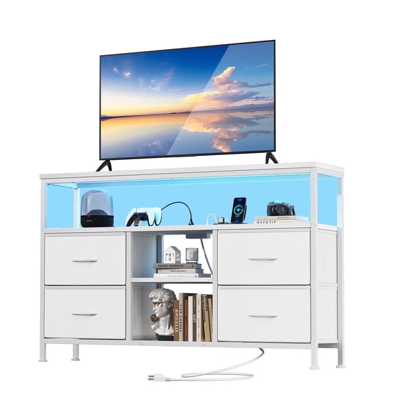 EDX TV Stand with Power Outlets and LED Light, for 43-inch TV, Double-layer 4 Fabric Drawers , Media Console with Storage for Living Room or Bedroom, White