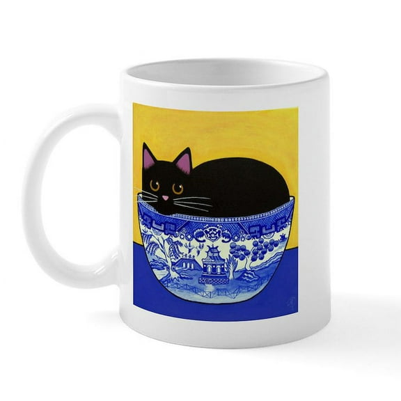 CafePress - Black CAT In Blue Willow Bowl Mug - 11 oz Ceramic Mug - Novelty Coffee Tea Cup