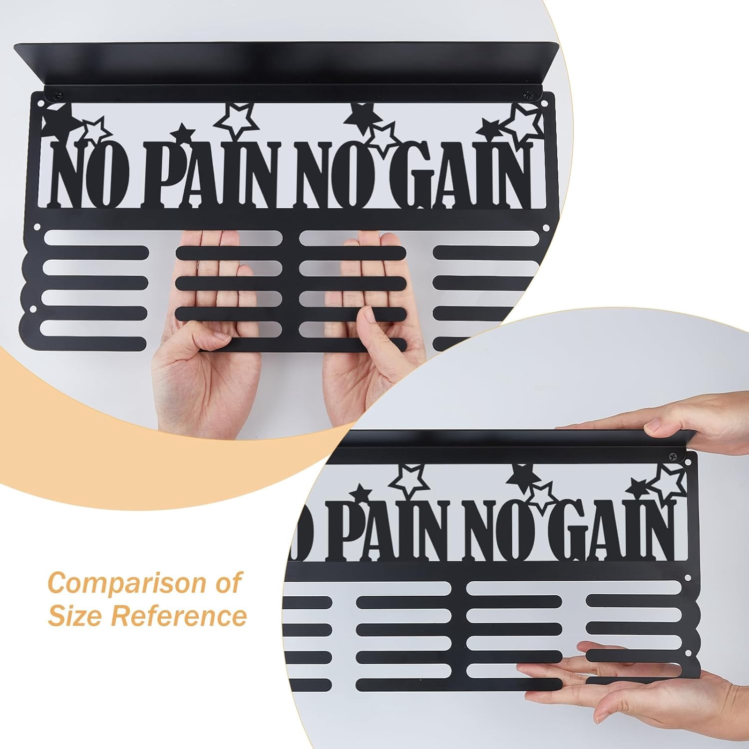 1set No Pain No Gain Trophy and Medal Display Shelf Stars Medal Hanger Display Trophy Shelf Sports Award Display Shelf for Wall Metal Wall Mount Award Ribbon Display for Athletes Black DIY