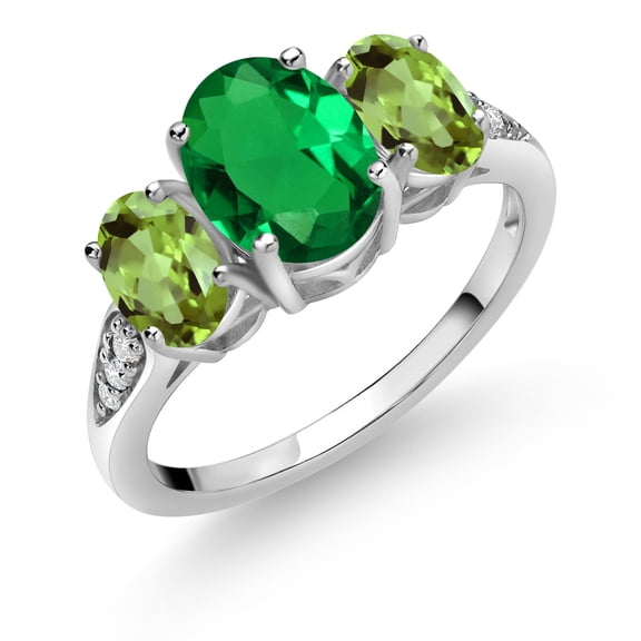 Gem Stone King 10K White Gold Green Nano Emerald Green Peridot and White Lab Grown Diamond 3 Stone Engagement Ring for Women (1.79 Cttw, Gemstone Birthstone, Size 6)