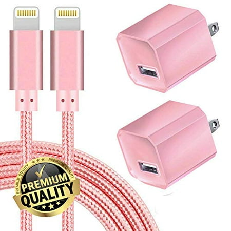 Chargers 5W USB Power Adapter Wall Charger 1A Cube for Plug Outlet w/ 6FT/2M Nylon Braided Sync & Charger Cord Compatible for iPhone 8 / X / 7 / 6S / Plus + More (Pink) 2 Pack